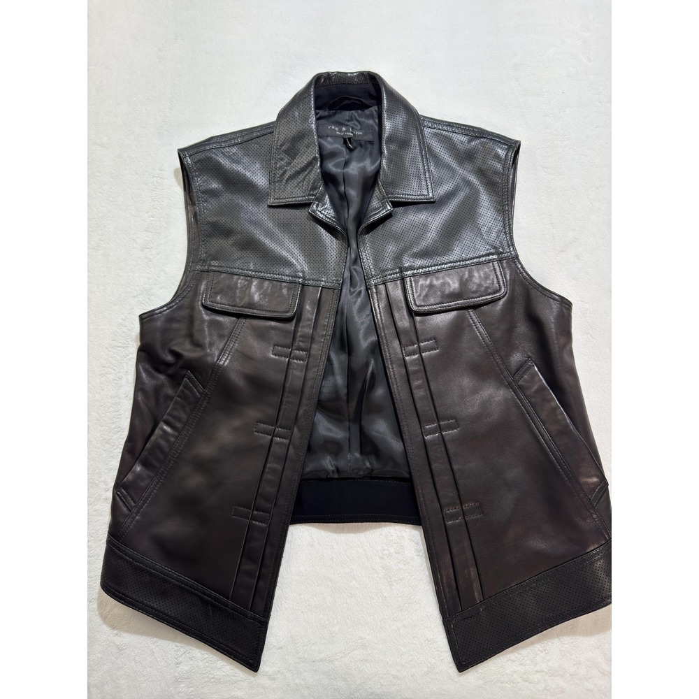 Rag & Bone Vest Mens small Black Leather Biker Snap Front Pockets Perforated